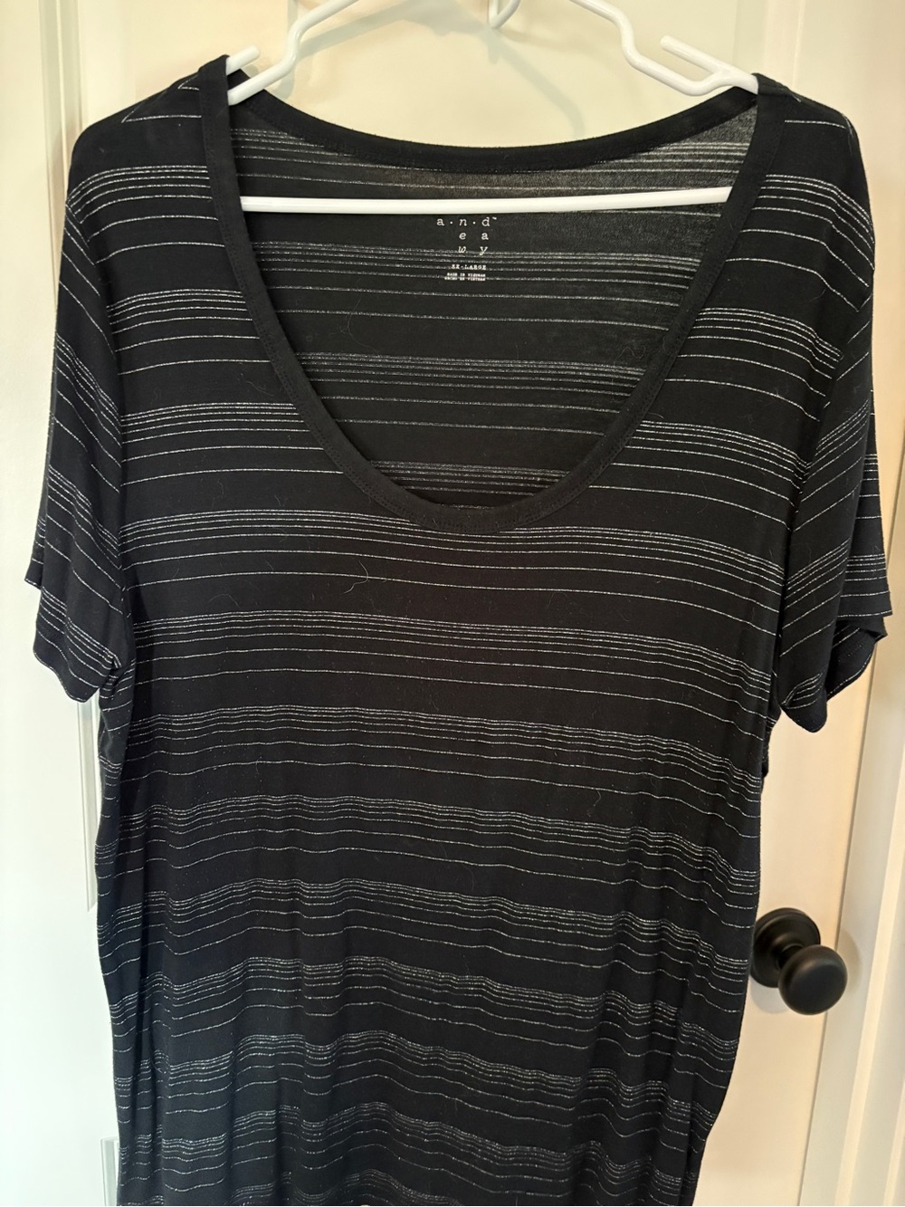 A New Day Black and Silver Striped Scoop Neck Short Sleeve Top
